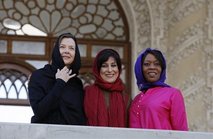 Mideast Iran US American Artists U.S. actresses Annette Bening, left, and Alfre Woodard, right, pose with Iranian actress Fatemeh Motamed Arya, prior to start of a seminar “Acting for Film” given by Bening and Woodard in Iran.