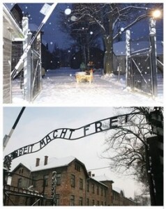 Poland Auschwitz Sign Stolen This two photo combination shows above: a Polish Police handout showing the entrance to the former Nazi death camp Auschwitz Birkenau, without the Nazi infamous iron sign inscription declaring 'Arbeit Macht Frei', German translated to 'Work Sets You Free', which was stolen from the entrance of the former Auschwitz death camp, Polish police said, in Oswiecim, southern Poland, Friday, Dec. 18, 2009. The photo below shows an exact replica of the sign, produced when the original received restoration work years ago, which was quickly hung in its place, Friday Dec. 18, 2009. (AP Photo)