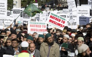 protesters at Google HQ London, organized by the Muslim Action Forum