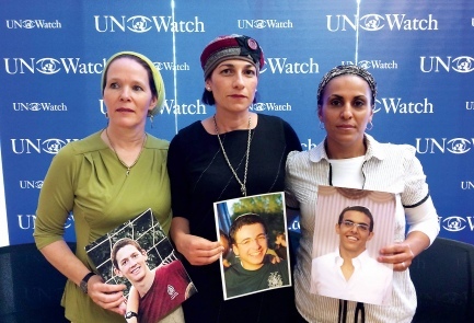 Rachel Frenkel, Bat-Galim Shaer and Iris Yifrach in Geneva, Tuesday | Photo credit: Boaz Bismuth