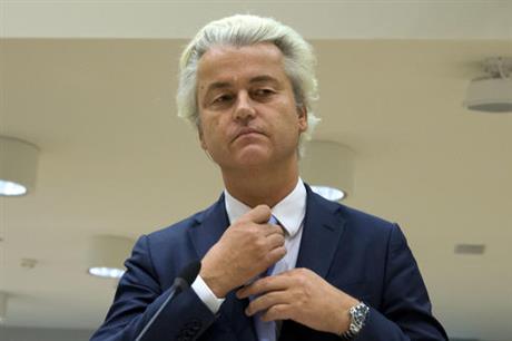 FILE - In this Wednesday, Nov. 23, 2016 file photo populist anti-Islam lawmaker Geert Wilders prepares to address judges at the high-security court near Schiphol Airport, Amsterdam. Judges are set to deliver their verdicts in the politically charged hate speech trial of Dutch anti-Islam lawmaker Geert Wilders. (AP Photo/Peter Dejong)