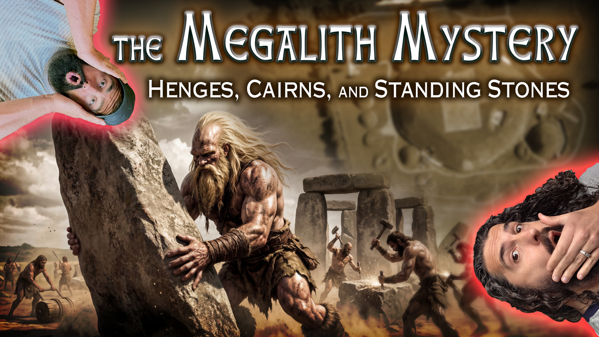 Poster for The Megalith Mystery: a muscular caveman lifts a giant stone with Stonehenge-like rocks in the background.