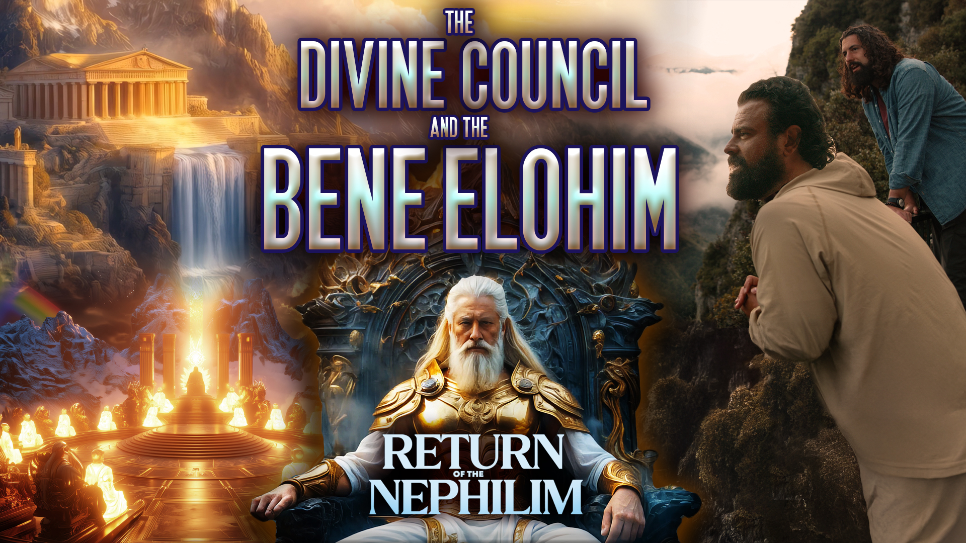 Promotional poster for The Divine Council and the Return of the Nephilim, featuring mythic scenery and two men overlooking a dramatic landscape.