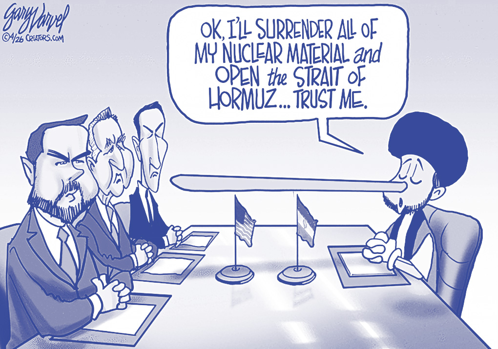 Cartoon of four suited officials at a conference table; the man on the right delivers a speech about surrendering nuclear material and opening the Strait of Hormuz, with small flags on the table.