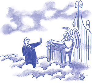 “Quick! I need some more charitable donations!” (Believers are prepared with their Pearly Gates free pass.)